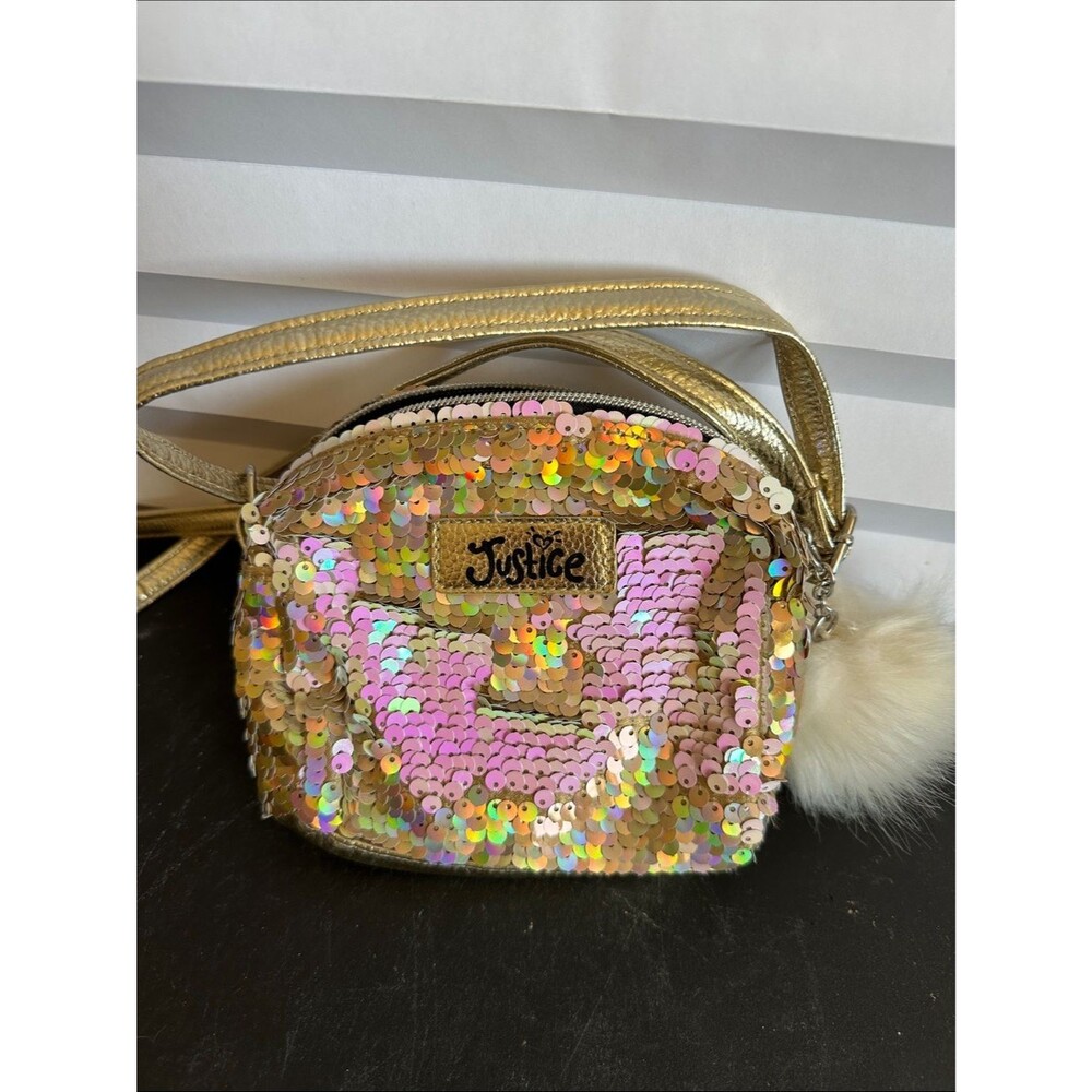 Justice Girls Pink Gold Reverse Sequin Flip Purse Crossbody Bag Sparkle